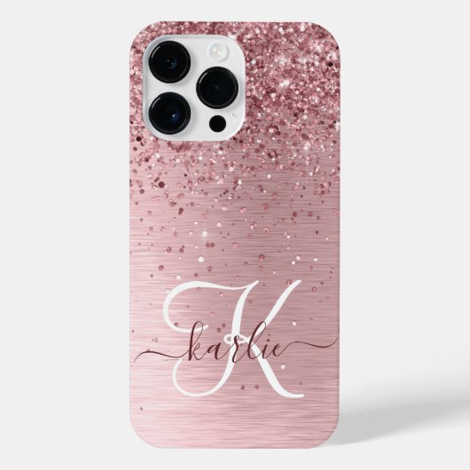 Blush Roze geborsteld metaal Glitter Monogram Naam iPhone Hoesje (Achterkant)