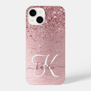 Blush Roze geborsteld metaal Glitter Monogram Naam iPhone 14 Hoesje