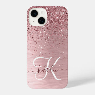Blush Roze geborsteld metaal Glitter Monogram Naam iPhone 14 Hoesje
