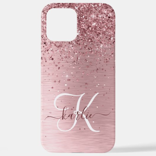 Blush Roze geborsteld metaal Glitter Monogram Naam iPhone Hoesje (Achterkant)
