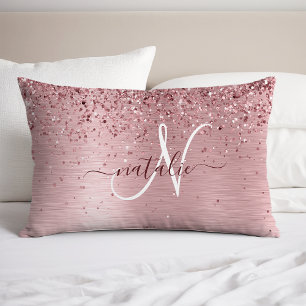 Blush Roze geborsteld metaal Glitter Monogram Naam Kussensloop