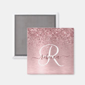 Blush Roze geborsteld metaal Glitter Monogram Naam Magneet (Voorkant / Achterkant)
