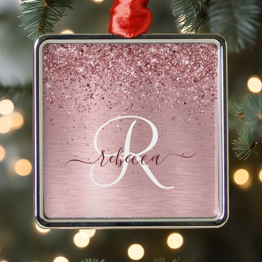Blush Roze geborsteld metaal Glitter Monogram Naam Metalen Ornament