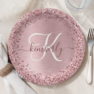 Blush Roze geborsteld metaal Glitter Monogram Naam Papieren Bordje