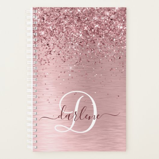 Blush Roze geborsteld metaal Glitter Monogram Naam Planner (Voorkant)