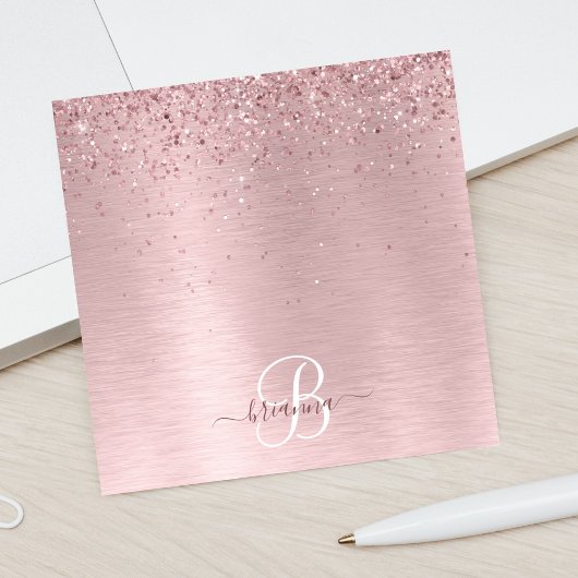 Blush Roze geborsteld metaal Glitter Monogram Naam Post-it® Notes