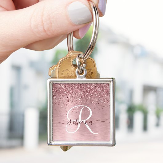 Blush Roze geborsteld metaal Glitter Monogram Naam Sleutelhanger