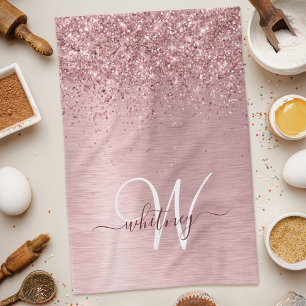 Blush Roze geborsteld metaal Glitter Monogram Naam Theedoek