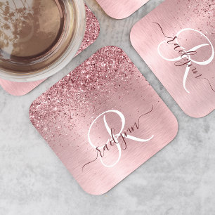 Blush Roze geborsteld metaal Glitter Monogram Naam Vierkante Kartonnen Onderzetter