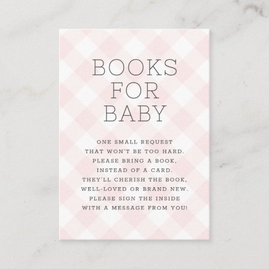 Blush roze Gingham Books for Baby shower Informatiekaartje (Voorkant)