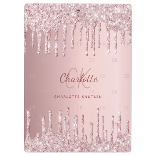 Blush roze glitter drip monogram script klembord (Achterkant)