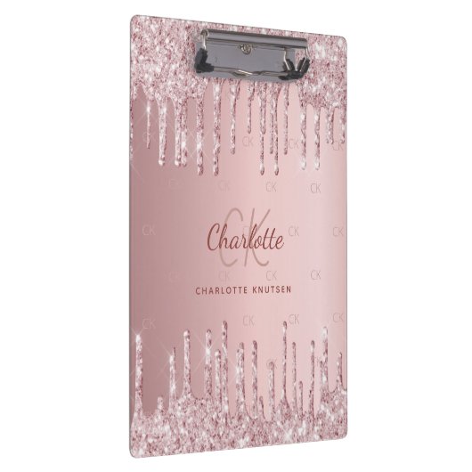 Blush roze glitter drip monogram script klembord (Rechts)