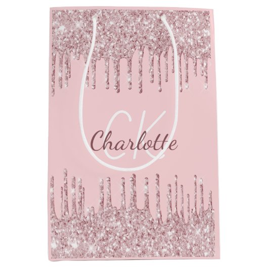 Blush roze glitter druist monogram script luxe medium cadeauzakje (Voorkant)