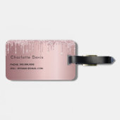 Blush roze glitter druppelt florale monogram naam bagagelabel (Achterkant horizontaal)