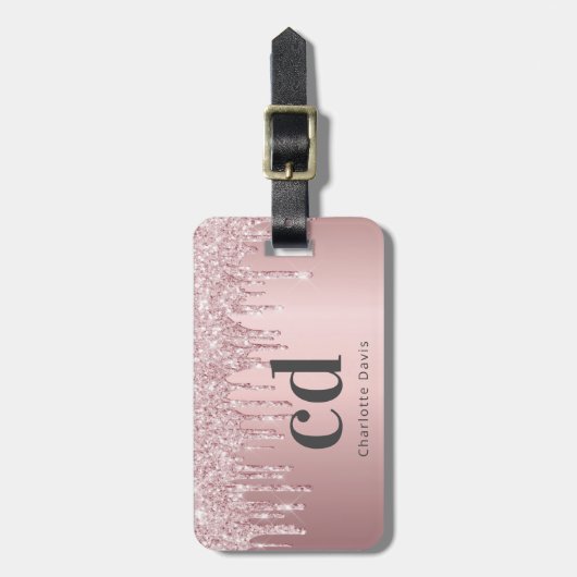 Blush roze glitter druppelt monogram naam grijs bagagelabel (Voorkant verticaal)