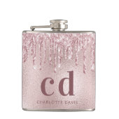 Blush roze glitter druppelt monogram naam heupfles (Voorkant)