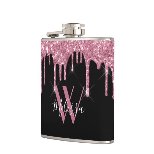 Blush roze glitter druppelt op spaarmonogram zwart heupfles (Links)