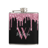 Blush roze glitter druppelt op spaarmonogram zwart heupfles (Voorkant)