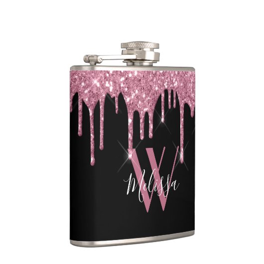 Blush roze glitter druppelt op spaarmonogram zwart heupfles (Rechts)