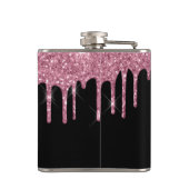 Blush roze glitter druppelt op spaarmonogram zwart heupfles (Achterkant)