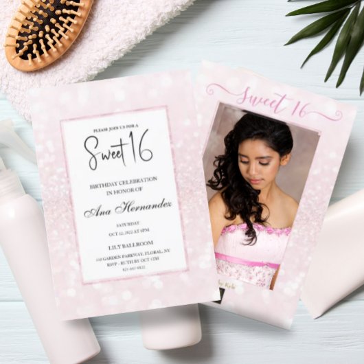 Blush roze glitter elegant chic Sweet 16 Kaart