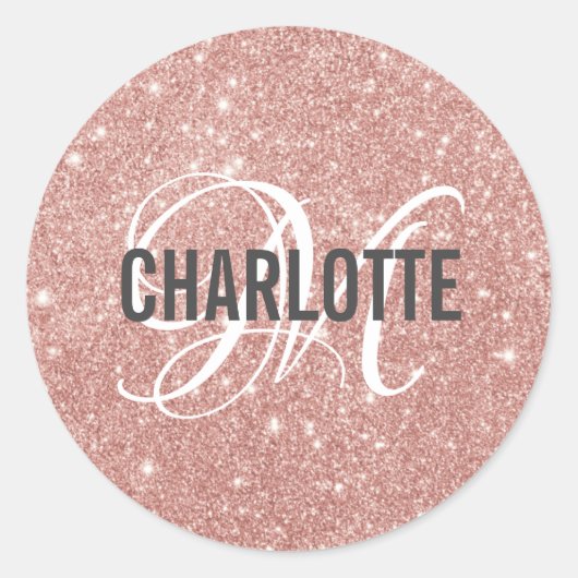 Blush roze glitter monogram naam ronde sticker (Voorkant)
