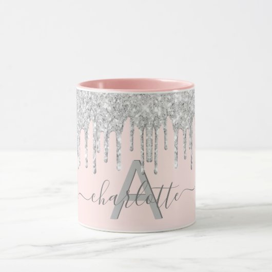 Blush roze glitter monogram zilvergrijs mok (Midden)