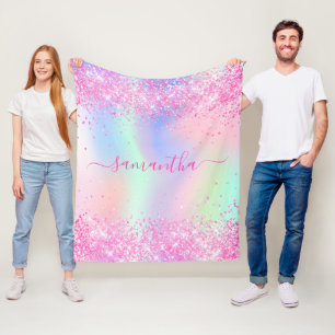 Blush roze glitter naam script holografisch meisje fleece deken