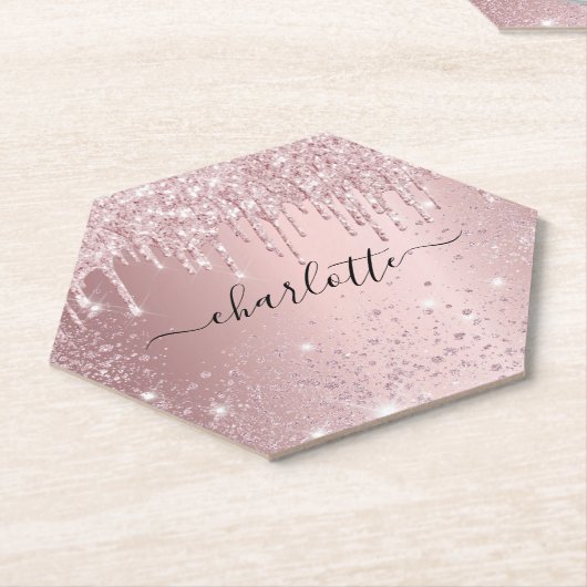 Blush roze glitter name script kartonnen onderzetters (Schuin)