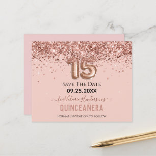 Blush roze glitter Quinceanera Save the Date