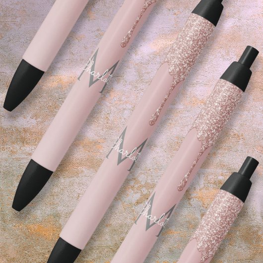 Blush roze Glitter schrijft Monogram Girly Script Zwarte Inkt Pen