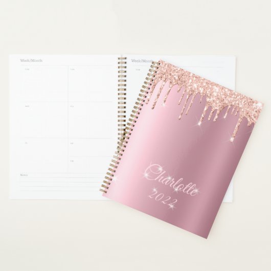 Blush roze glitter Sparkle Girly Monogram Pla Planner (Display)