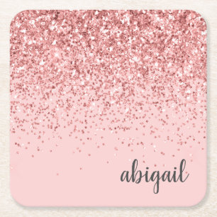 Blush roze glitter Sparkle Moderne Monogram Party Vierkante Kartonnen Onderzetter