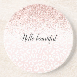Blush roze glitter Sparkle White Leopard Print Zandsteen Onderzetter