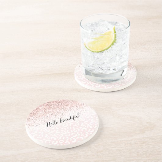 Blush roze glitter Sparkle White Leopard Print Zandsteen Onderzetter (Zijkant)