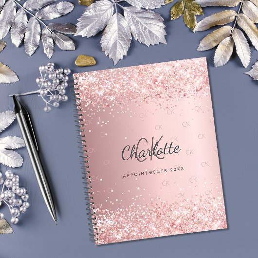 Blush roze glitter stofmonogram 2023 planner