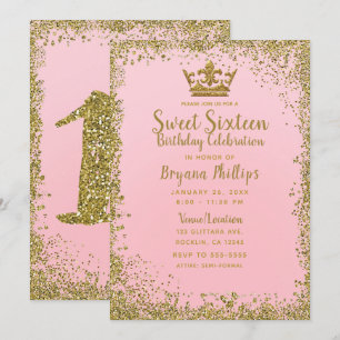 Blush roze & Gold Glitter Crown Sweet 16 Party Kaart