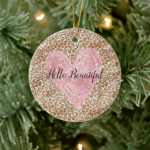 Blush roze Gold Glitter Heart Leopard Print Keramisch Ornament
