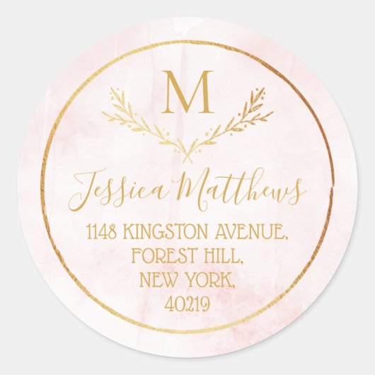 Blush Roze & Gold Wreatemonogram retouradres Ronde Sticker (Voorkant)