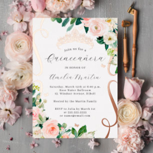 Blush Roze Goud Bloem Schrijf Quinceanera Folie Uitnodiging