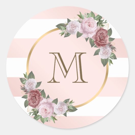 Blush Roze Goud Gestreept Floral Monogram Ronde Sticker (Voorkant)