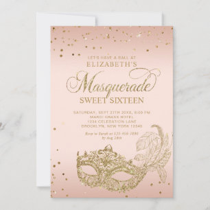 Blush Roze Goud Glitter Maskerade Sweet 16 Foto Kaart
