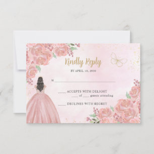 Blush Roze Goud Koper Bloemen Prinses Quinceañera RSVP Kaartje