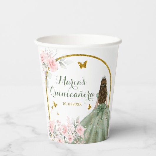 Blush roze goud prinses vlinder quinceañera papieren bekers (Achterkant)