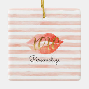 Blush Roze Goud XOXO Waterverf Kiss Gepersonalisee Keramisch Ornament