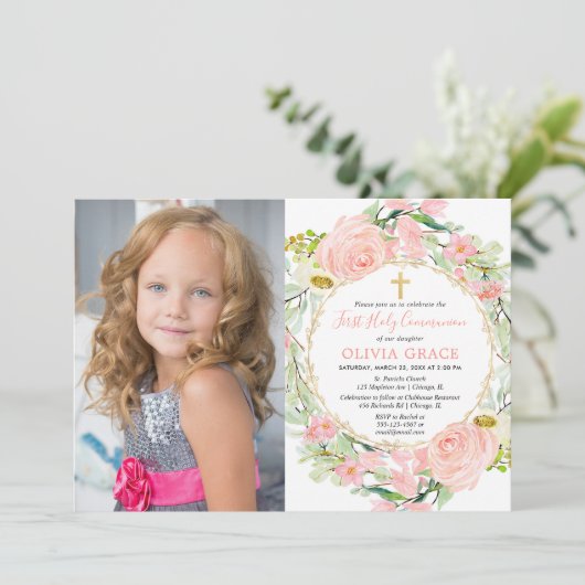 Blush roze gouden bloemen Eerste Heilige Communie  Kaart (Staand voorkant)