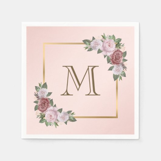 Blush roze gouden bloemen monogram bruiloft servet (Voorkant)