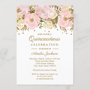  Blush Roze Gouden Bloemen Quinceanera Kaart