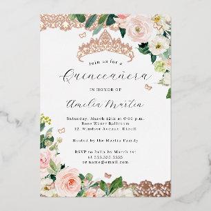 Blush Roze Gouden Bloemrijke Kant Quinceanera Folie Uitnodiging