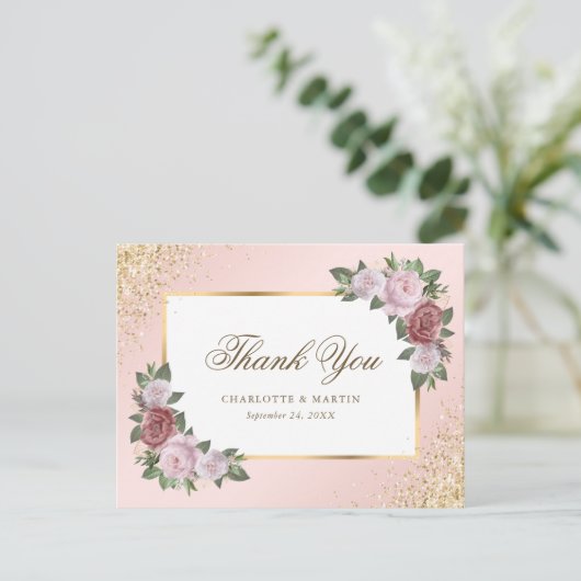 Blush roze gouden Confetti bloemenbruiloft bedankt Briefkaart (Staand voorkant)